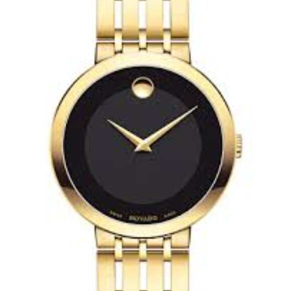 Movado Museum Esperanza Black Face Yellow Gold Tone Dial and Band PVD Watch EUC main image 6